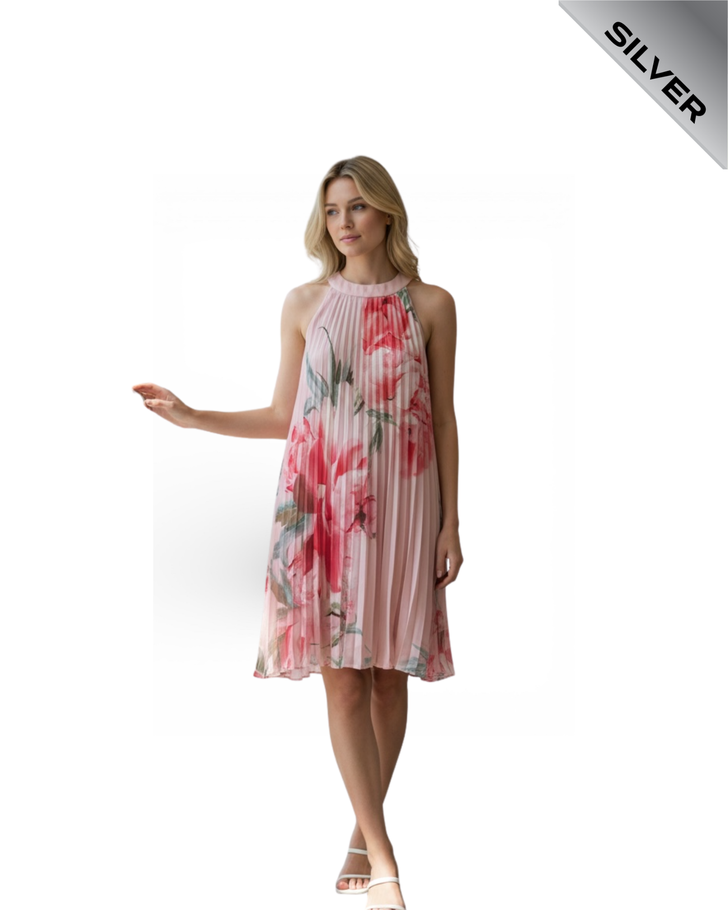 Debut pink floral shift pleated dress
