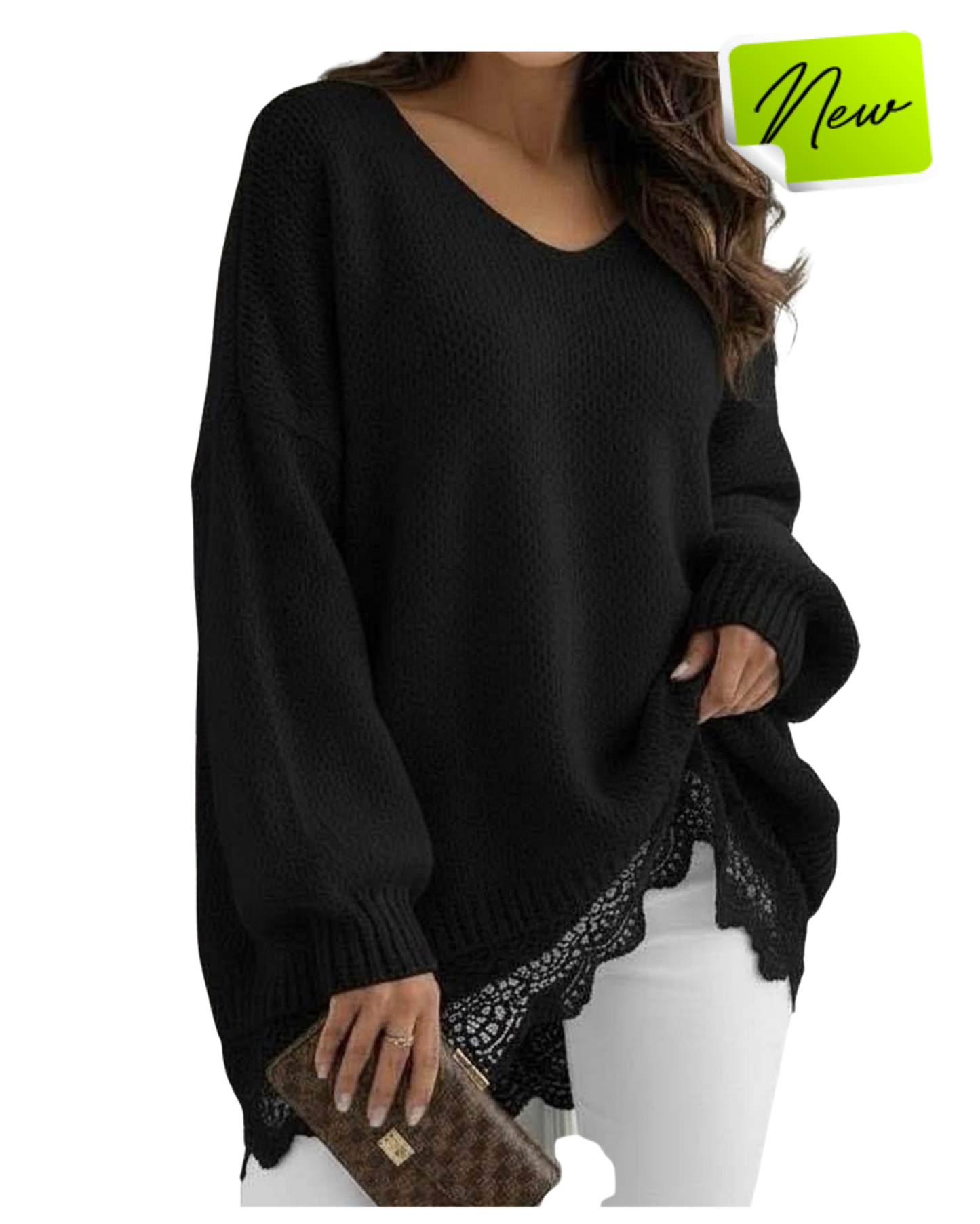 NEW: Black oversized lace hem knitted jumper