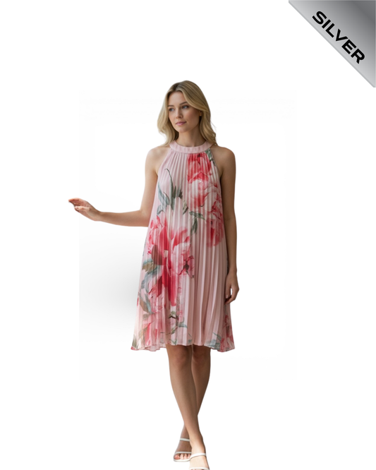 Debut pink floral shift pleated dress