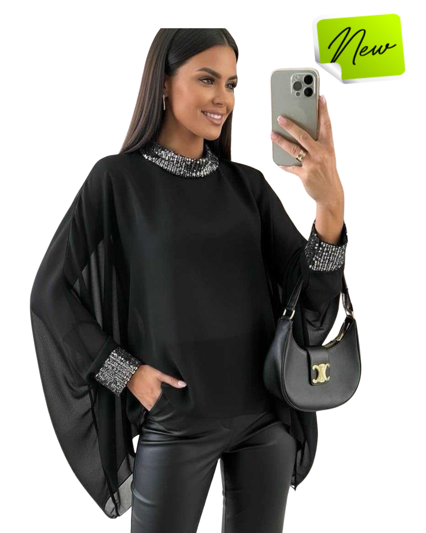 NEW sequin trim batwing chiffon top
