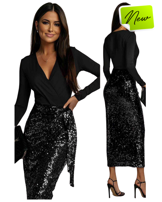 NEW sequin wrap long sleeve midi dress