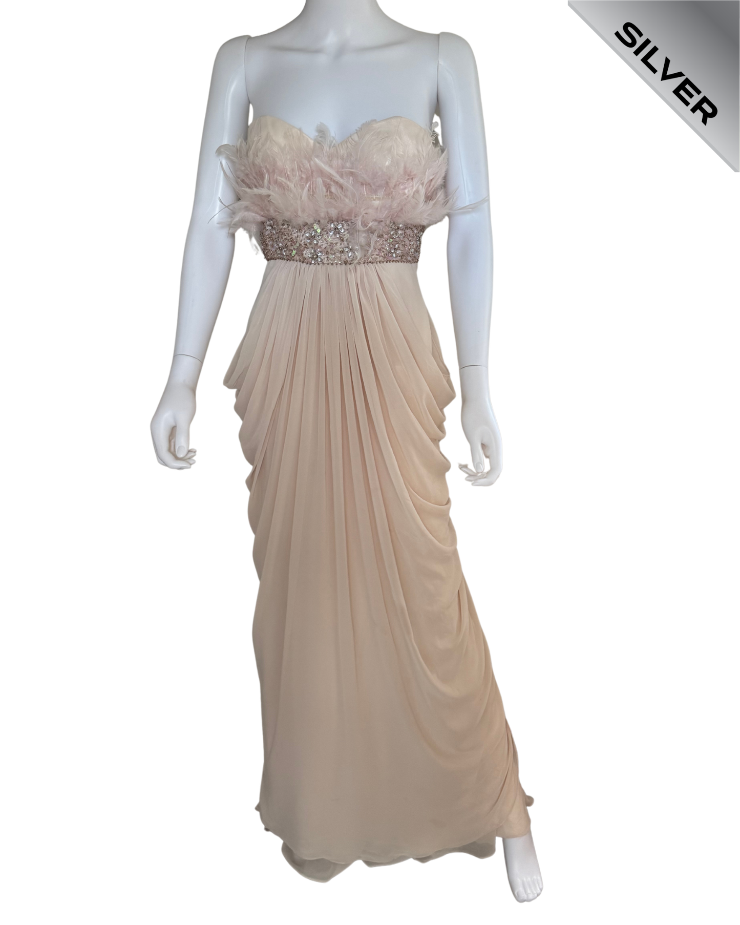 Aftershock London Pre Loved Feather detail evening dress