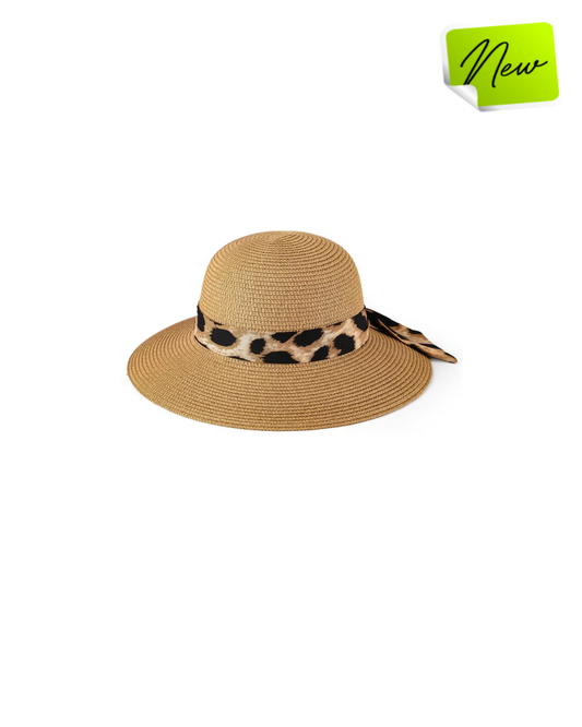 Straw sunhat with leopard print ribbon