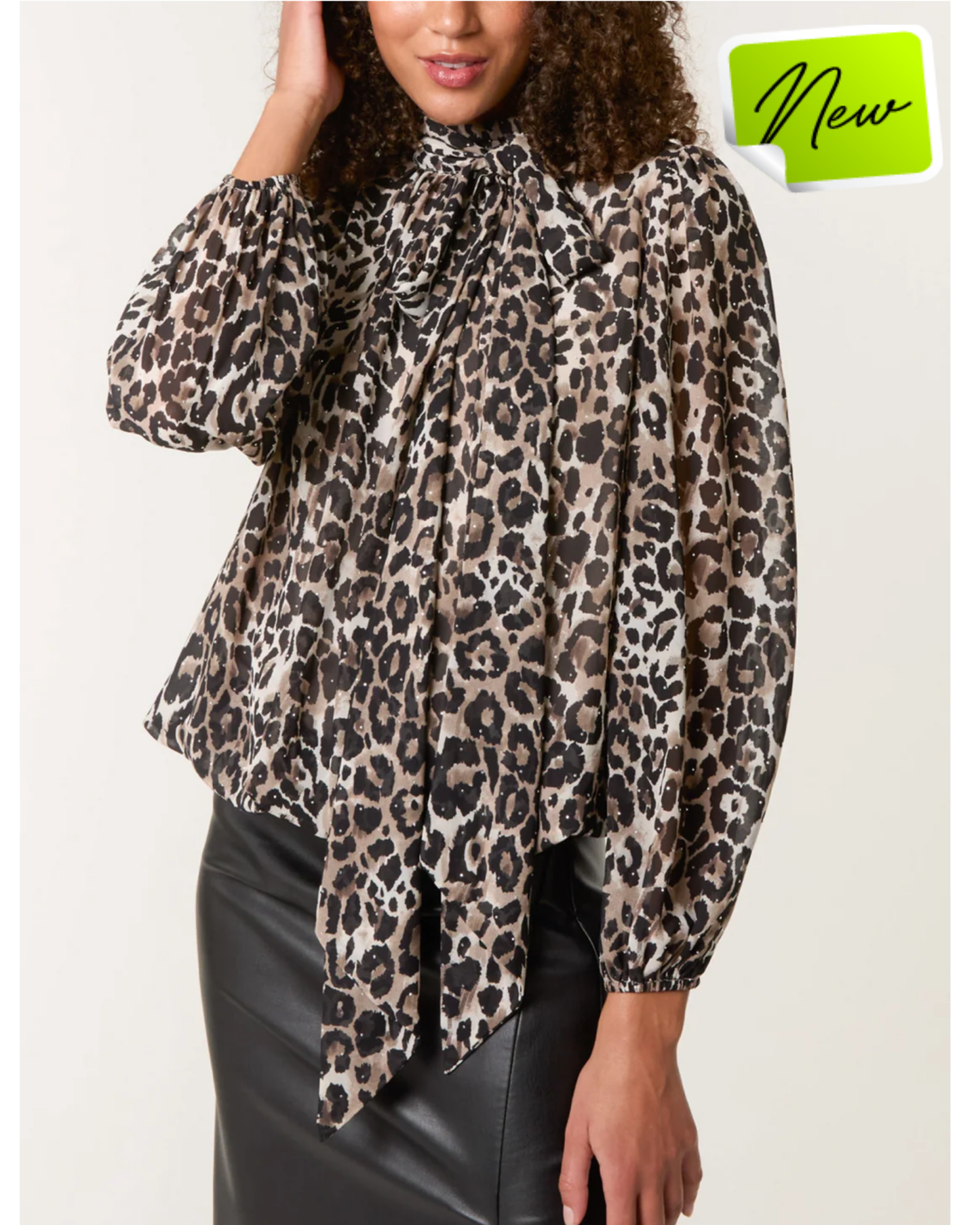 Tie Neck Diamante Puffball Animal Print Top