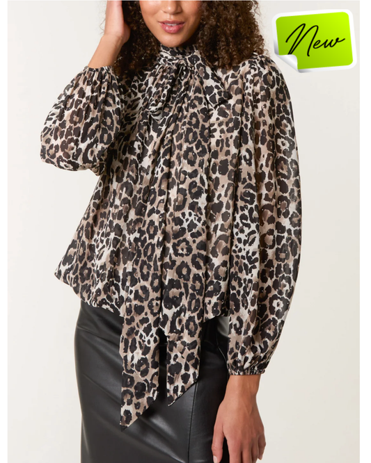 Tie Neck Diamante Puffball Animal Print Top