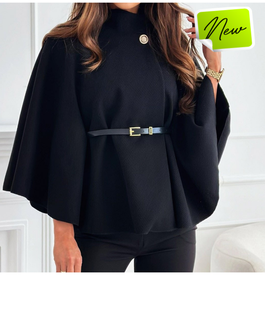 Button Detail Belted Poncho